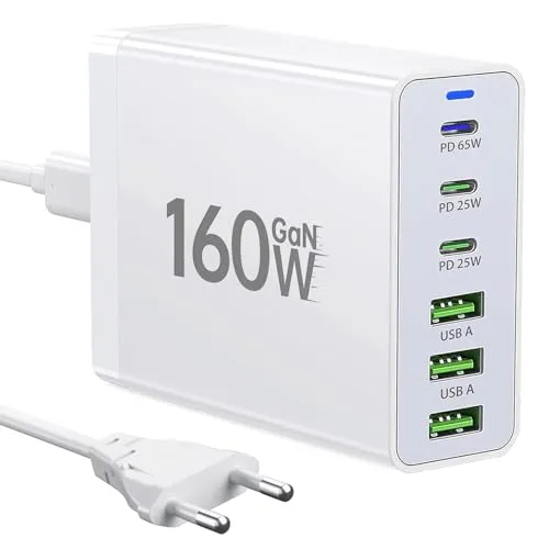 USB C Ladegerät 160W - 6 Port Schnellladestation für iPhone, Samsung & mehr - Handy Ladegeräte mit 160W Gesamtleistung und 6 Ports für schnelles Laden. Ideal für gleichzeitiges Aufladen mehrerer Geräte und perfekt für Zuhause und unterwegs.