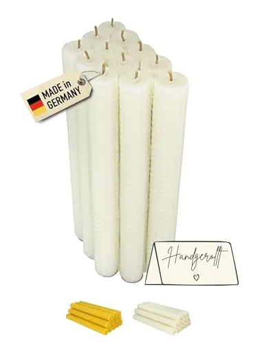 Stabkerzen 100% Bienenwachs aus Deutschland – Bienenwachskerzen handgerollte, 20 cm hoch, ca. Ø 2,2 cm, weiß, Premium Kerzenset mit Hanfdochten für Tischdekoration, Fest & Rituale 12