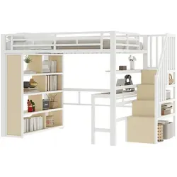 Redom Hochbett aus Metall, Weiß, 140x200 cm – Modernes Kinderbett mit Schreibtisch & Stauraumtreppe - Das Redom Hochbett in Weiß überzeugt mit modernem Design und funktionaler Raumnutzung. Integrierter Schreibtisch und Stauraumtreppe bieten Platz für Lernen und Spiel. Die stabile Konstruktion garantiert Komfort und Langlebigkeit.