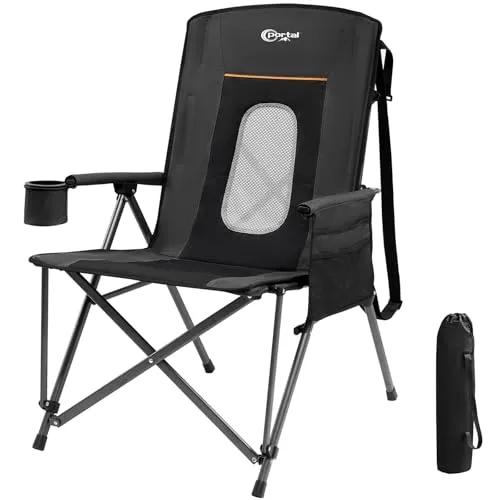 Portal Campingstuhl Faltbar Klappstuhl 180 KG Belastbar mit Hochlehner Verstellbar Camping Anglerstuhl Gartenstuhl Sessel mit Tasche Getrankhalter für Garten Balkon Picknick