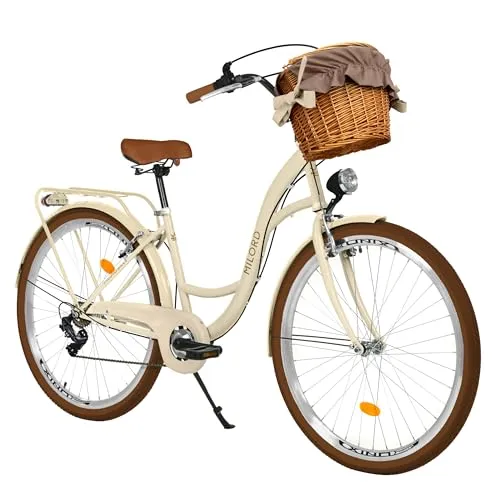 MILORD Damenfahrrad Citybike Komfort Mit Weidenkorb Hollandrad Vintage Fahrrad, 26, 28 Zoll, 7-Gang (Braun-Creme, 28 Zoll)