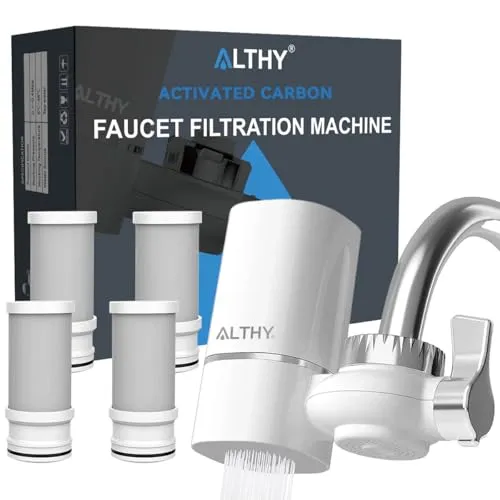 ALTHY T1 Wasserfilter für den Wasserhahn, BPA-freier 400-Gallonen-Wasserfilter Wasserhahn, zertifiziert, reduziert Chlor, Schwermetalle und schlechten Geschmack, (4 Filter Enthalten)