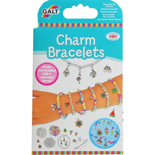 Galt Charm-Armbänder - spaßiges Armband- und Schmuckherstellungs-Kit - Bastelset für Kinder mit bunten Perlen und 9 Clip-On Metall-Anhängern - Kinder Kunst- und Bastelset für 7 Armbänder - Ab 8 Jahren