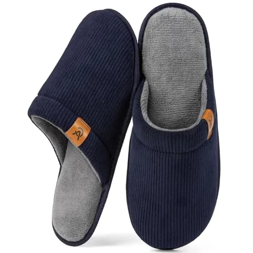 VeraCosy Herren Kord Scuff Hausschuhe Weich Bequem Memory-Schaum Rutschfest Innen Pantoffeln Dunkles Marineblau, 46/47 EU