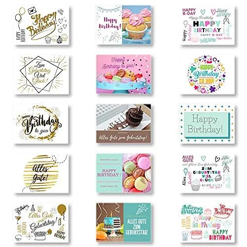 Domelo Geburtstagskarten, 15er Set mit Umschlag, Happy Birthday Postkarten, Kraftpapier Karten zum Geburtstag, Geburtstagskarte für Mann/Frau/Kinder, Postkarte als Grußkarten (Set 1)