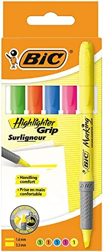 BIC Highlighter Grip, Textmarker, 5er Pack, in 5 verschiedenen Farben, mit Keilspitze, Strichstärke: 1.6 bis 3.3 mm, mit Austrocknungsschutz