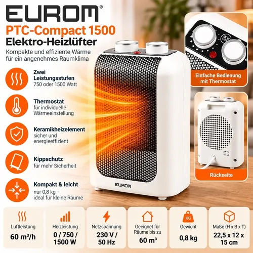 EUROM Heizlüfter Elektro Heizer PTC-Compact 1500 60 m³/h 0 / 750 / 1500 W
