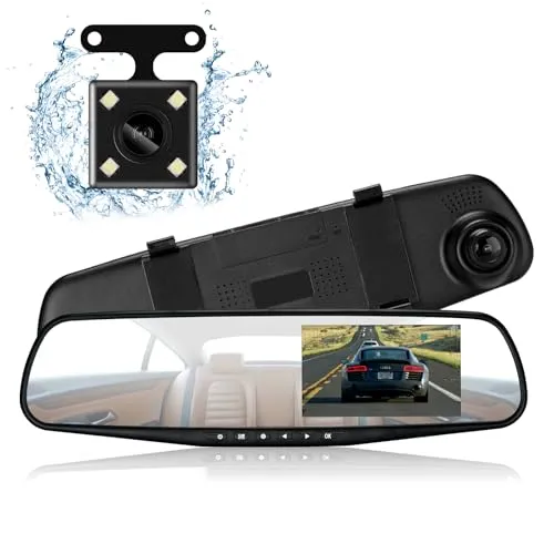 Podazz Spiegel Dashcam Vorne und Hinten Autokamera, FHD 1080P 4,3 '' Auto DVR Spiegel Dash Cam Recorder DVR mit G-Sensor Parküberwachung, Loop-Aufnahm