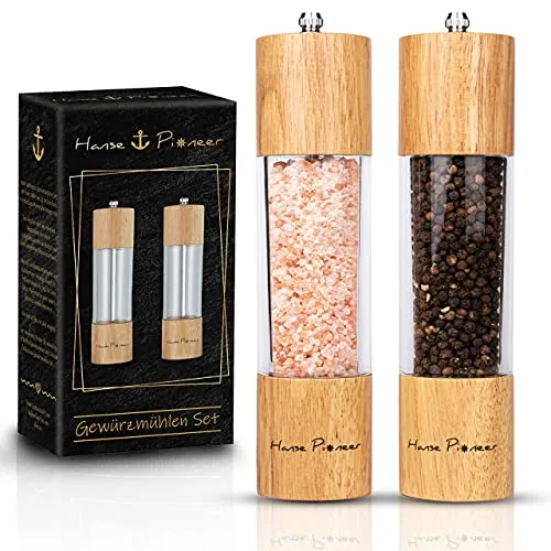 Hanse Pioneer Gewürzmühlen Set - Salz und Pfeffermühle aus Akazienholz - Präzise einstellbare Gewürzmühle - Hochwertige Pfeffer und Salzmühle mit Keramikmahlwerk