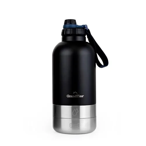 GrandTies Isolierte tragbare Hundewasserflasche mit 2 abnehmbaren Hundenapfspender, auslaufsicherer Reisebehälter für Hundefutter, Hundezubehör für Spaziergänge Wandern Camping (1890 mL, Mattschwarz)