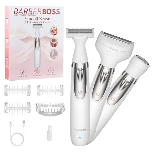 BarberBoss Damen-Elektrorasierer, tragbarer 3-in-1-Damenrasierer, Körper-, Bikini- und Gesichtsrasierer, kabelloser Nass- und Trockenrasierer, Gesichtshaarentferner, QR-8003