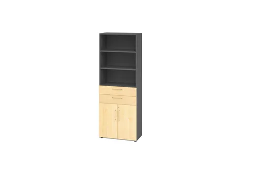 Hammerbacher Kombischrank 6 OH 968K2 - Büroschrank in Graphit/Ahorn, 80cm breit, abschließbar mit 2 Schubkästen und höhenjustierbaren Sockelgleitern für optimale Stabilität.