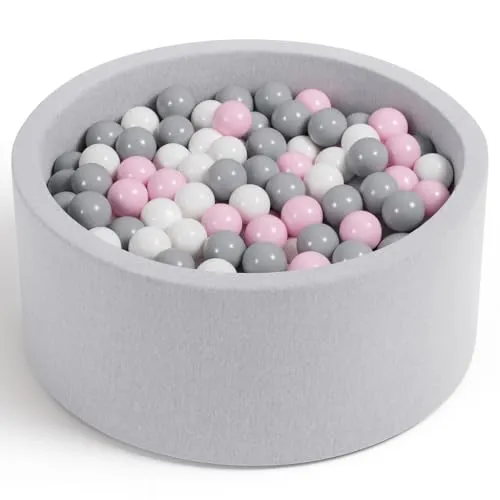 Angelove Bällebad Ø 90 × 30 cm mit 200 Bällen - Rundes Bällchenbad aus Schaumstoff, Abnehmbarer Bezug, Coton, Hellgrau