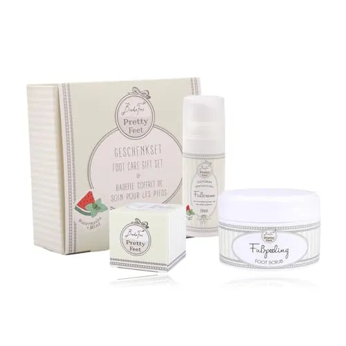 BadeFee Geschenkset Pretty Feet – Fußpflege-Set Wassermelone-Minze mit Fußbadeperle (40 g), Peeling (120 g) & Fußcreme (50 ml), mikroplastikfrei, vegan & Tierversuchsfrei, Made in Germany