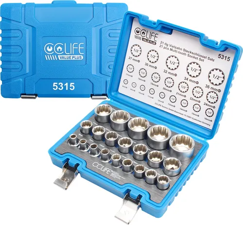 CCLIFE 21tlg 1/2' Vielzahn Nuss Satz - Werkzeug-Set mit 21 Steckschlüsseleinsätzen aus Cr-V Stahl, ideal für professionelle Anwendungen und Heimwerkerprojekte. Inklusive stabiler Aufbewahrungskoffer für einfache Organisation und Transport.