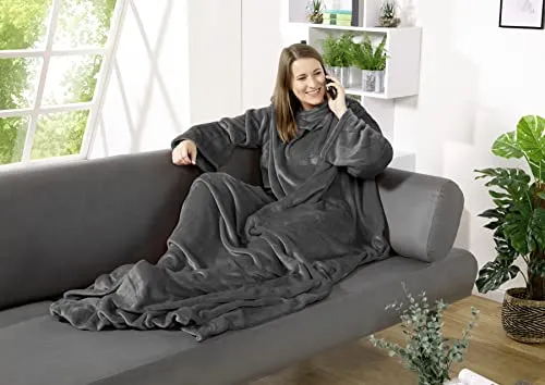 heimtexland ® Ärmeldecke TV Thermodecke mit Ärmeln und Taschen - Bettdecken: Kuschelige Flanell-Decke mit Ärmeln und großem Fußsack für warmen Komfort beim Fernsehen oder Arbeiten, pflegeleicht und hautsympathisch.