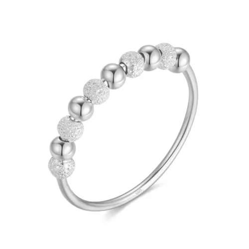 Anti-Stress Ring aus 925 Sterlingsilber mit drehbaren Glitzer-Kugeln, Dekompression Entspannungs-Helfer mit Perlen zum Drehen für Frauen und Damen, Angstring Beruhigend & Therapeutisch (Silber, 60)