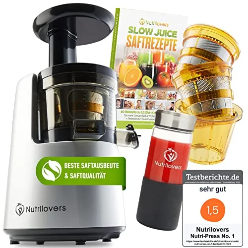 NUTRI-PRESS NO.1 Slow Juicer - Testsieger mit 3 Sieben für Saft, Smoothies & Frucht-Eis - Einzelschnecken-Entsafter für maximale Saftausbeute bei nur 45 U/min. BPA-frei, langlebig und einfach zu reinigen. Inkl. Rezeptbuch und Flasche für gesunde Erfrischungen!