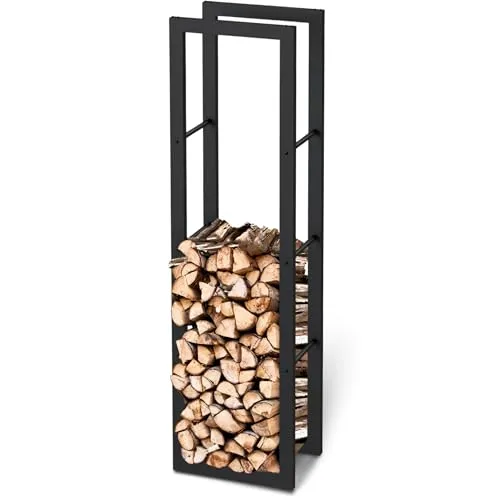 holz4home® Kaminholzregal aus Metall Schwarz 170x30x45 cm - Aschesauger und Kaminholzregal in einem: Robuste Konstruktion mit elegantem Design, inklusive Ofenhandschuh für sicheres Handling.