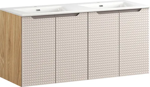 Lomadox Doppelwaschtisch LONDON-56-BEIGE mit Waschbecken - Eleganter Doppelwaschtisch in Eiche beige, 120 cm, mit griffloser Front und Softclose-Türen. Perfekt für ein modernes Badezimmer, das Stil und Funktionalität vereint.