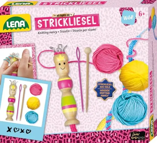 Lena 42375 Bastelset Strickliesel - Komplettset mit Stricknadel und Holzstrickliesel, fördert Kreativität und Fingerfertigkeit für Kinder ab 6 Jahren