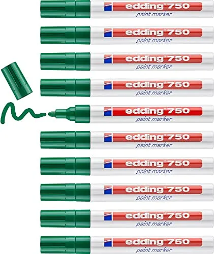 edding 750 Lackmarker - grün - 10 Stifte - Permanent-Marker für präzise Beschriftungen auf Metall, Glas, Stein und Kunststoff; hitzebeständig bis 400 °C und wischfest für langlebige Ergebnisse.