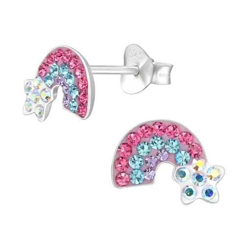 Monkimau Regenbogen Kinder Ohrringe mit Kristallen 925 Silber | 925 Silber | Mädchen Ohrstecker Schmuck | Hypoallergen & Nickelfrei | Kinderohrringe Geschenkidee