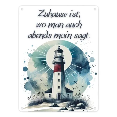 Leuchtturm Metallschild in 15x20 cm mit Spruch Zuhause ist, wo man auch abends moin sagt Maritimes Flair für Ihr Zuhause - Moin am Strand und Ozean lässig am Sandstrand