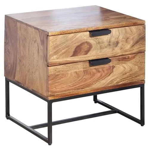 FineBuy Nachttisch Sheesham Massivholz/Metall 50x40x51 cm - Nachttische im Industrial Design mit 2 Schubladen, aus massivem Sheeshamholz und robustem Metall, ideal für Boxspringbetten. Perfekt für Stauraum und stilvolle Ablagefläche.