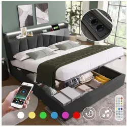 Odikalo Stauraumbett Polsterbett Doppelbett USB Lade Kopfteil LED 160x200cm Lattenrost Grau grau