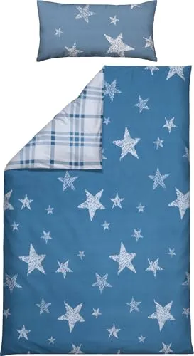Erwin Müller Wendebettwäsche Feinbiber Sterne und Karos blau Größe 40x80 cm / 155x220 cm - für kalte Nächte, samtig weich, wohlig warm, temperaturausgleichend, pflegeleicht, mit Reißverschluss