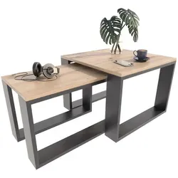 MATKAM Satztisch 2er Set im Industrie-Stil - Beistelltische fürs Wohnzimmer, vielseitig einsetzbar und pflegeleicht, ideal für gemütliche Kaffeerunden mit robustem Design in Artisan Eiche.