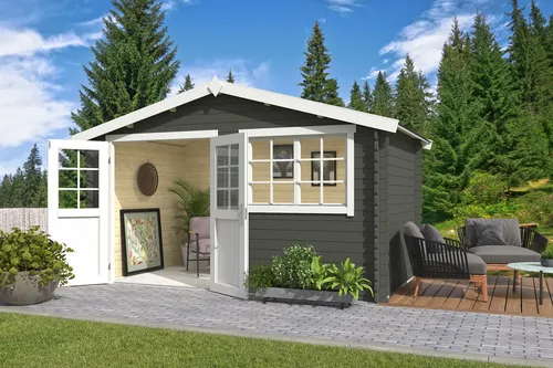 Gartenhaus Blockhaus Satteldach 28 mm Axel 230 grün 400x250 cm - Gartenhaus aus hochwertigem Holz mit 28 mm Wandstärke, abschließbar und ideal für Gartenlagerung oder Freizeitgestaltung. Nutzfläche von 8.4 m² bietet ausreichend Platz für Ihre Gartenutensilien.