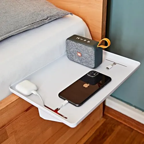 PAGEN® Bettablage, Nachttisch zum Einhängen für Bett und Etagenbett, Regal für Hochbett mit Kabelhalter, Betttablett schwebend, belastbar bis 11 kg, Weiß, ABS 3