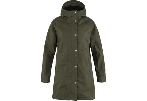 Fjällräven Karla Hydratic Jacket Women Deep Forest (XL) - Wasserdichte Damenjacke aus G-1000 Silent Eco, perfekt für wechselhaftes Herbstwetter. Mit kuscheligem Fleece-Futter und langer Passform, ideal für regnerische Ausflüge und den Alltag.