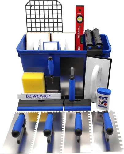 DEWEPRO Profi Fliesenleger Waschset 20-teilig - Werkzeugset für Fliesenleger mit 22l Waschbox und hochwertigem Zubehör für professionelle Ergebnisse auf Baustellen und Renovierungsprojekten.