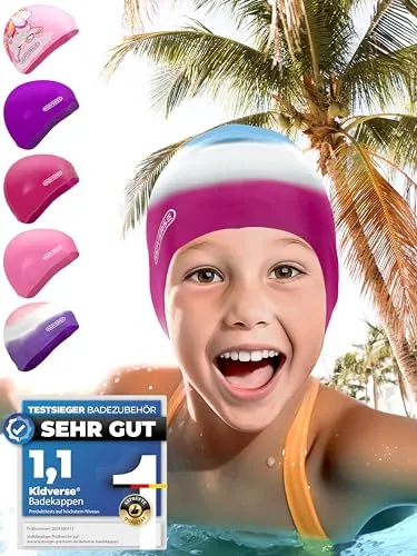 KIDVERSE Badekappe Kinder wasserdicht - Schwimmhaube Kinder mit Anti-Rutsch-Noppen - Badekappen für Schwimmer mit UV Schutz - Schwimmhaube Mädchen - Reißfeste Badehauben in verschiedenen Größen