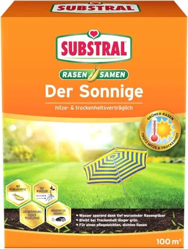 Substral Rasensamen Der Sonnige - Trockenrasen - Gräsersamen für sonnige Standorte, mit tief wurzelnden, hitze- und trockenheitstoleranten Gräsern. Ideal für weniger Bewässerung und robusten Rasen.