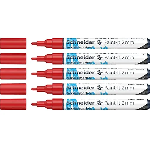 Schneider 120102 Paint-It Acrylstifte (mit 2 mm Rundspitze, hochdeckende Acrylfarben für Holz, Leinwand, Stein uvm.) 5er Pack, rot