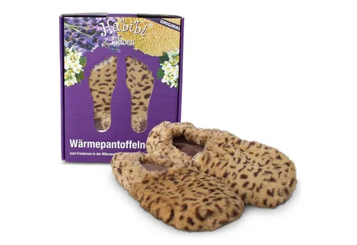 Habibi Plush Wärmeschuhe Leo Gr L (EU 41-45) - Hüttenschuhe für Mikrowelle/Ofen mit Hirse-Aromafüllung, bieten wohltuende Wärme und einen angenehmen Duft für entspannte Stunden zu Hause.