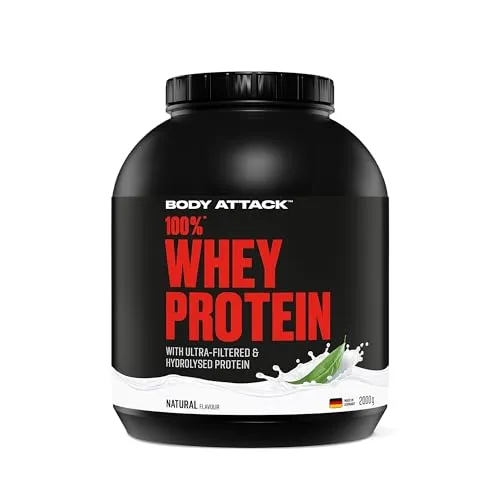 Body Attack 100% Whey Protein Natural, 2 kg – Cremiges Eiweißpulver für Sportler - Genieße cremigen Protein-Shake mit 100% Whey Protein, ideal für intensive Workouts. Unterstützt den Muskelaufbau und bietet eine schnelle Nährstoffaufnahme – ohne Aspartam oder Gluten!