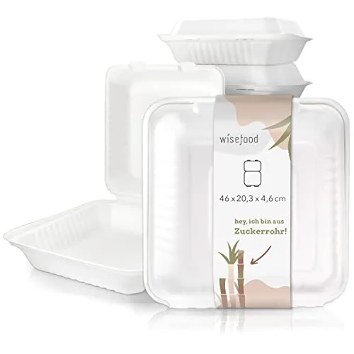 wisefood Zuckerrohr Einweg Schalen - 200 Stück Bagasse Menüboxen weiß - Lunchboxen mit Klappdeckel ideal für Takeaway - Biologisch abbaubares Zuckerrohr Geschirr ohne PLA/PE 46x20,3x4,6 cm