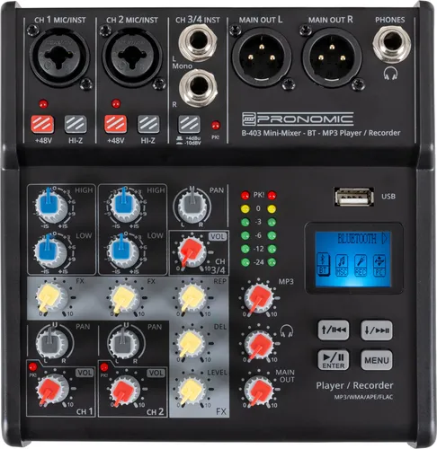 Pronomic B-403 Mini-Mixer - Kompakter 4-Kanal Mixer mit Bluetooth und USB-Recording, ideal für kreative Musikanwendungen und Aufnahmen