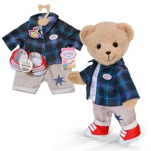Baby Born Teddy Cool-Outfit für Puppen, 43 cm - Stylisches Teddybären-Outfit für Puppen mit schickem Shirt, grauer Hose und lässiger Hemdjacke. Ideal für jede Puppenmode und sorgt für ein cooles Aussehen bei jedem Spiel!