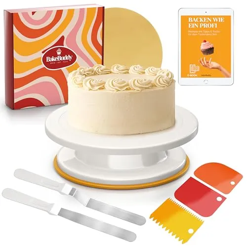 BakeBuddy Torten Drehplatte (28cm) mit Backzubehör – Tortendreher mit Winkelpalette, Palette, Teigschaber & goldener Tortenunterlage - Kuchen Back Utensilien für Anfänger & Profis