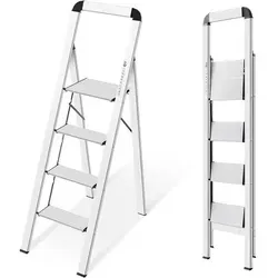 KINGRACK Aluminium Leiter 4 Stufen klappbar mit Handlauf - Praktische Aluminium Leiter mit 4 Stufen und Handlauf, ideal für Haushalt und Büro. Ultraleicht, stabil und platzsparend – nur 4 cm dick zusammengeklappt. Belastbar bis 150 kg für sicheres Arbeiten!