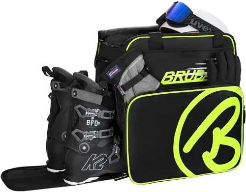 BRUBAKER Super Champion Skischuhtasche Helmtasche Rucksack mit Schuhfach - Schwarz/Neon Gelb - Praktische Rucksacktasche für Ski-Equipment mit separatem Schuhfach. Komfortable Tragegurte und robustes Material sorgen für eine einfache Handhabung und sicheren Transport.