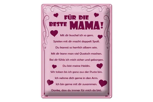 Femer GmbH Metallschild Spruch 30x40cm Für die beste Mama, (1 St), gewölbte Oberfläche, abgerundete Ecken, umgeschlagene Kanten