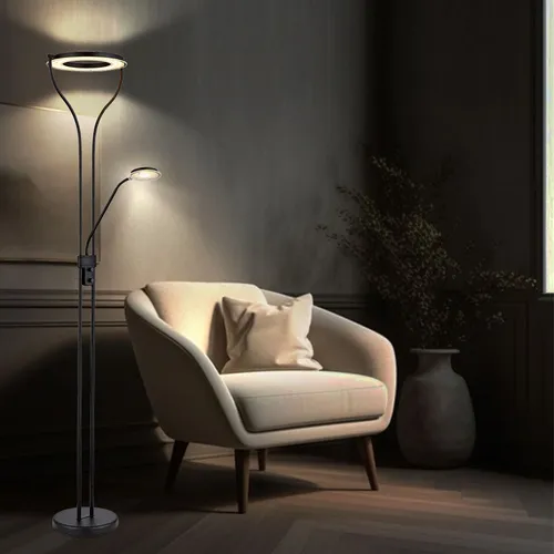 LED Deckenfluter Stehlampe mit beweglichem Lesespot - Stehleuchte in elegantem Schwarz mit flexiblem Lesespot, dimmbar und warmweißem Licht (3000K), ideal für gemütliche Abende im Wohnzimmer.