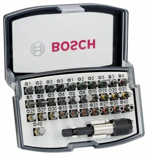 Bosch Zubehör 2607017564 Bit-Set 32-teilig - Praktisches 32-teiliges Bit-Set für vielseitige Schraubarbeiten. Kompakt im Etui mit transparentem Deckel, ideal für den schnellen Zugriff. Farbcodierte Bits erleichtern die Identifikation und sorgen für Ordnung.